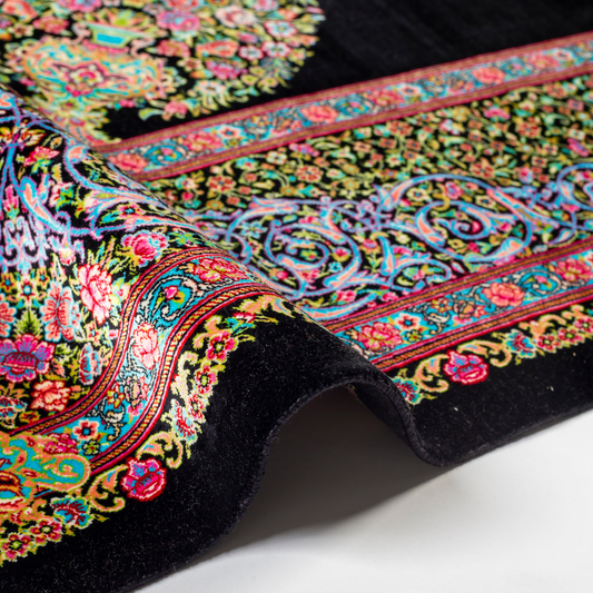 Elegant ivory silk rug featuring pastel floral medallion, delicate vines, and a golden glow. Handwoven to perfection with luxurious texture.