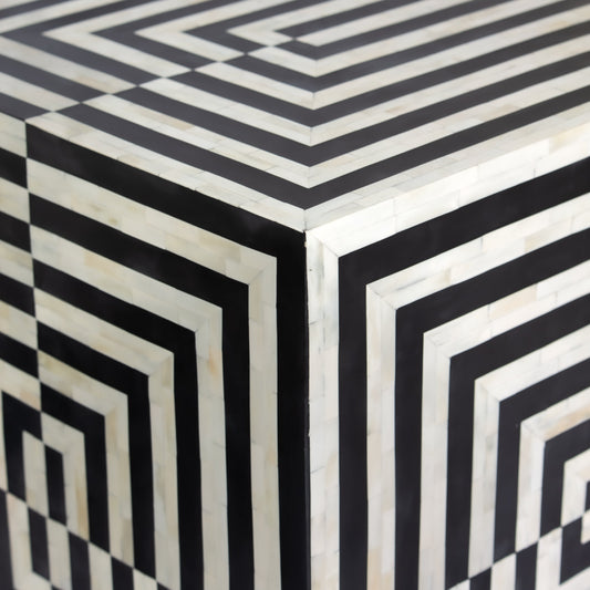 Black bone inlay bar cabinet with bold geometric front and open back storage, handmade with brass base and striking design.