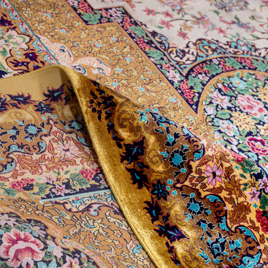 Blu silk rug in 400x300 cms featuring a golden base with multicolour floral medallion designs and modern abstract detailing.