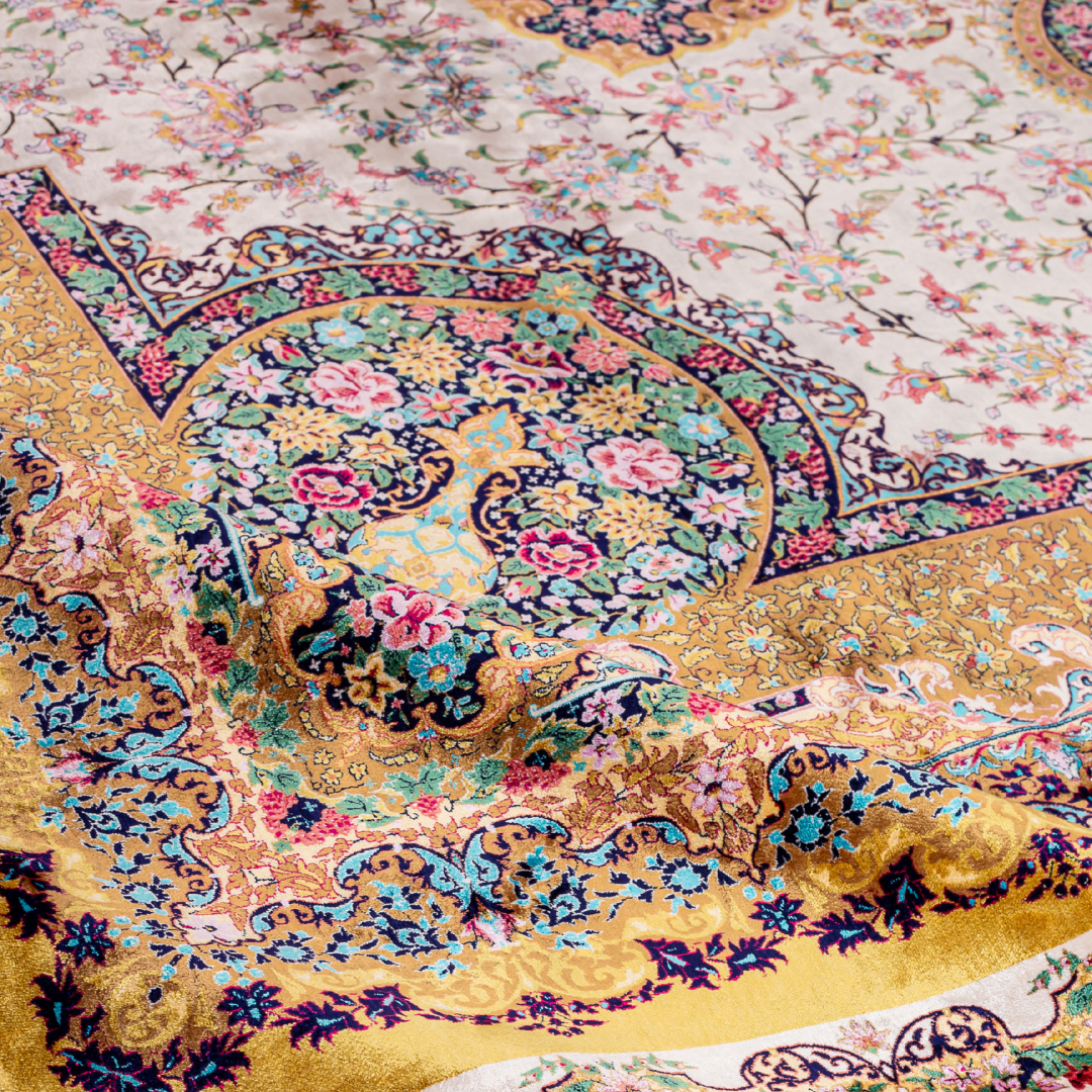 Blu silk rug in 400x300 cms featuring a golden base with multicolour floral medallion designs and modern abstract detailing.