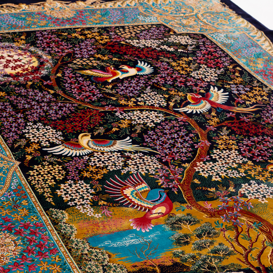 200x300 silk rug with multicolored bird and floral motifs, gold-turquoise borders, and detailed woven craftsmanship.