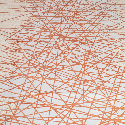 Modern abstract Cotton rug with copper linear pattern on a cream base, sized 350x250 cms – luxurious and contemporary.