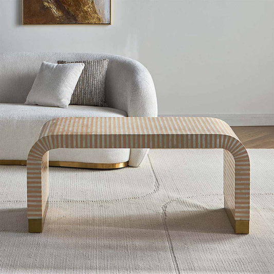 Modern beige bone inlay coffee table with curved edges and gold base