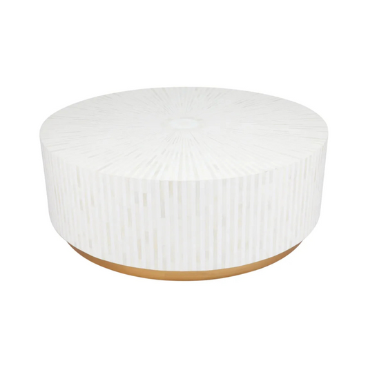 Esme Coffee Table in black bone inlay with golden base, handcrafted with bold striped design, size 100x100x45 cm.