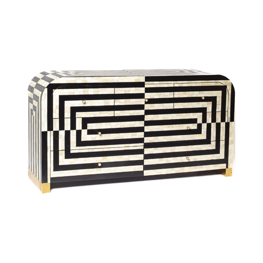 Black bone inlay chest of drawers with curved corners, brass knobs, and maze-inspired geometric design, handcrafted for modern interiors.