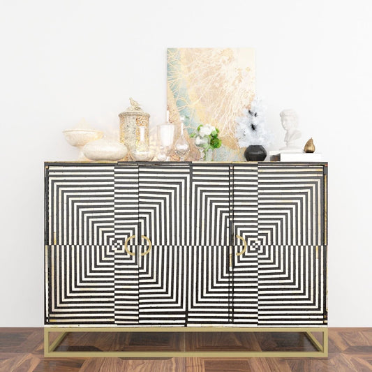 Leam Cabinet in black and white striped bone inlay by arkrn omes
