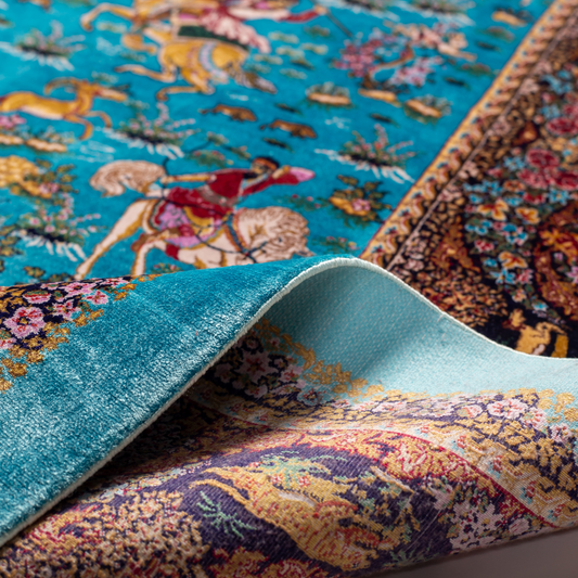 Exquisite silk rug in turquoise blue with detailed horsemen, floral borders, and intricate golden animal motifs, measuring 150x100 cms.
