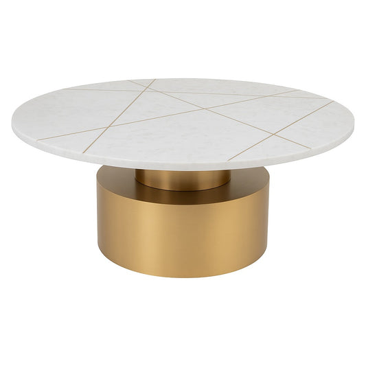 White marble coffee table with golden cylindrical base and linear inlay accents