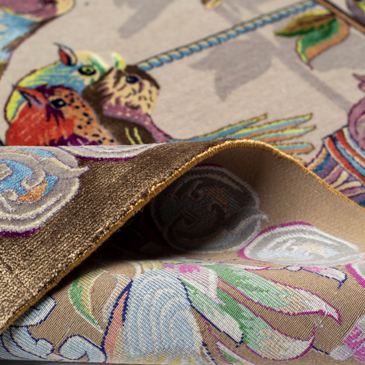 Handwoven silk rug featuring birds on a beige grid, floral corners, and classical columns. A joyful yet elegant statement piece.