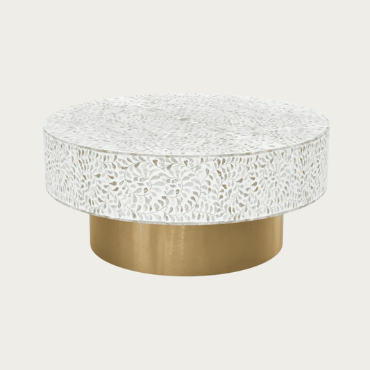 Round white mother of pearl inlay coffee table with floral design and a gold cylindrical base. Available in 3 size variants.