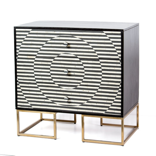 Black and white geometric bone inlay chest of drawers with gold base
