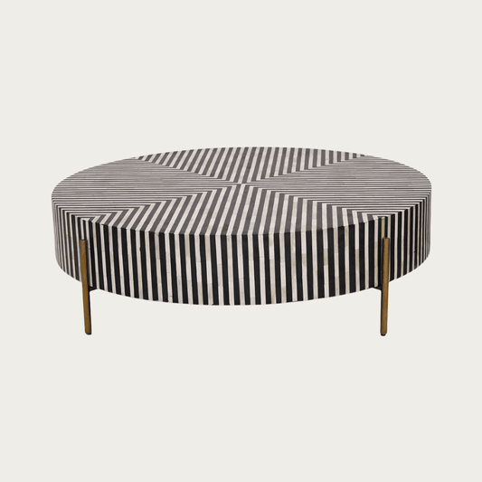Round black bone inlay coffee table with striped