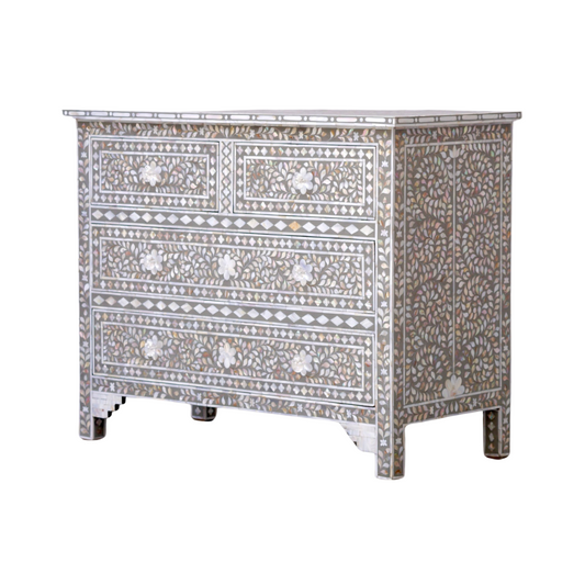 Exquisite handcrafted gray mother of pearl inlay chest of drawers