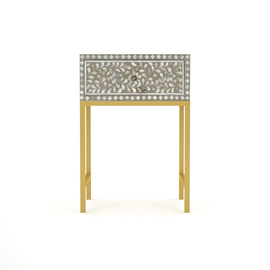 Grey mother of pearl inlay side drawer with gold base, crafted in floral design