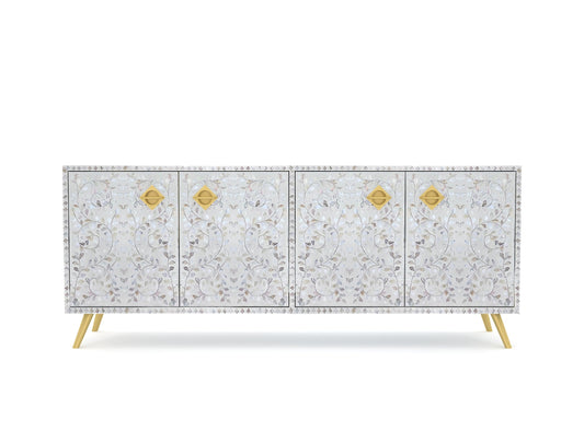 Vero TV Unit Cabinet in white mother of pearl inlay by Arkrn Homes
