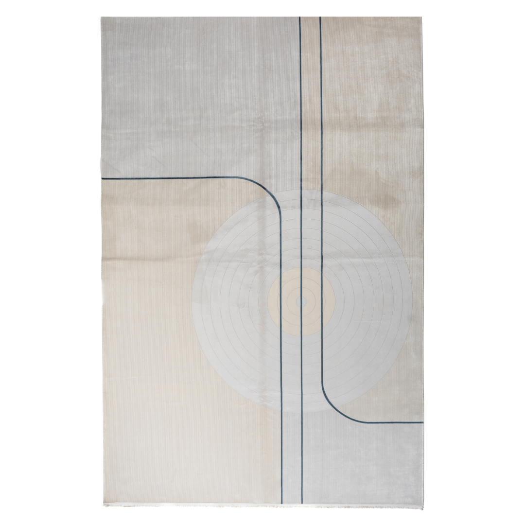 Victor cotton Rug in 200x300 cm featuring beige and ivory tones with minimal blue line and circle design, made from soft silk blend.