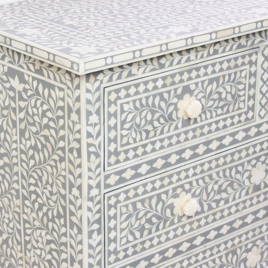 grey chest of drawers in grey and white bone inlay with bone knobs