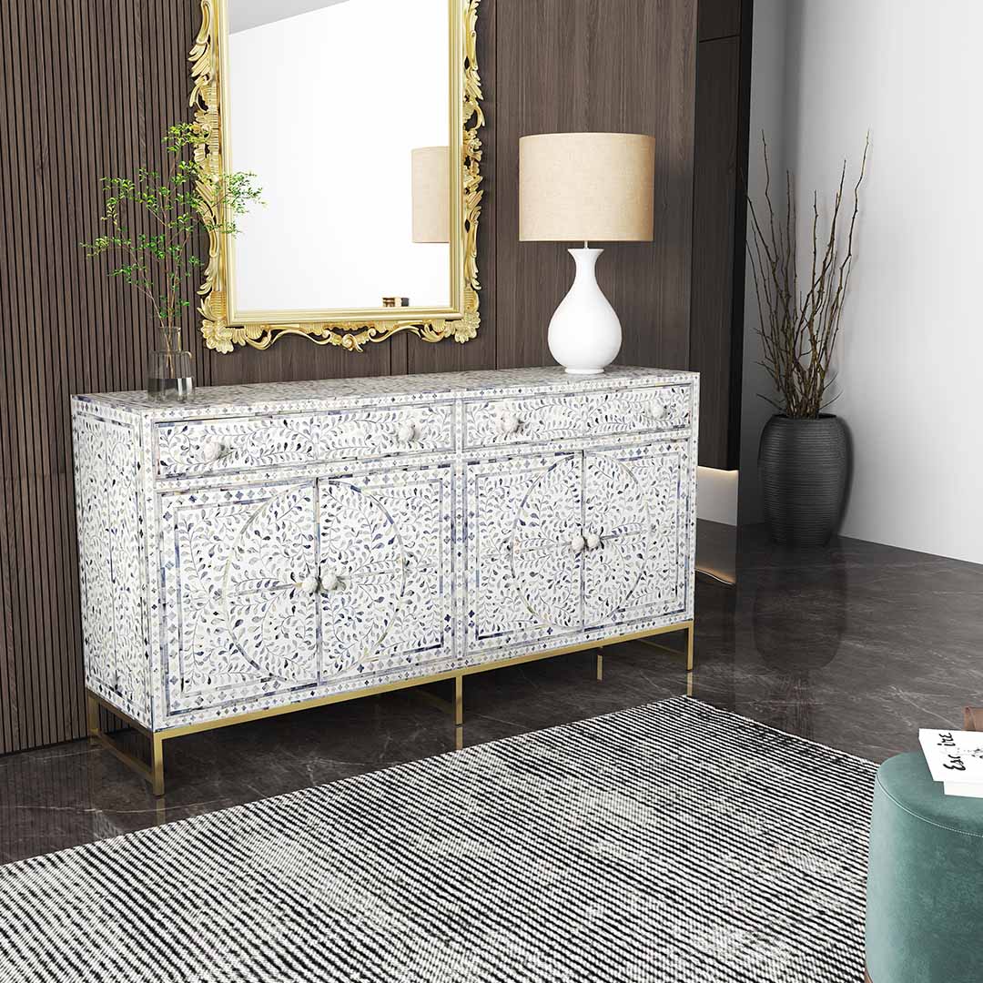 Aero sideboard buffet with blue bone inlay design featuring