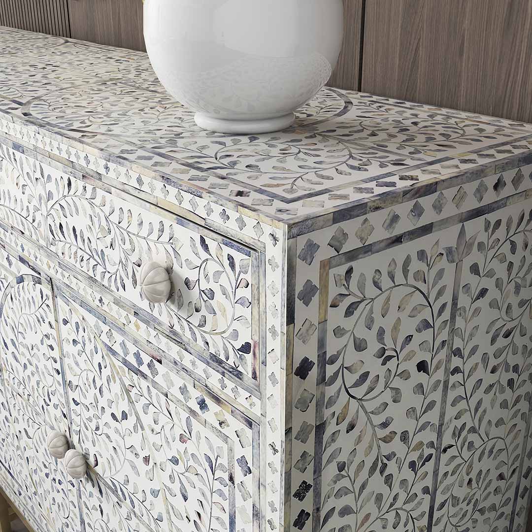 Aero sideboard buffet with blue bone inlay design, featuring intricate floral patterns and gold legs.