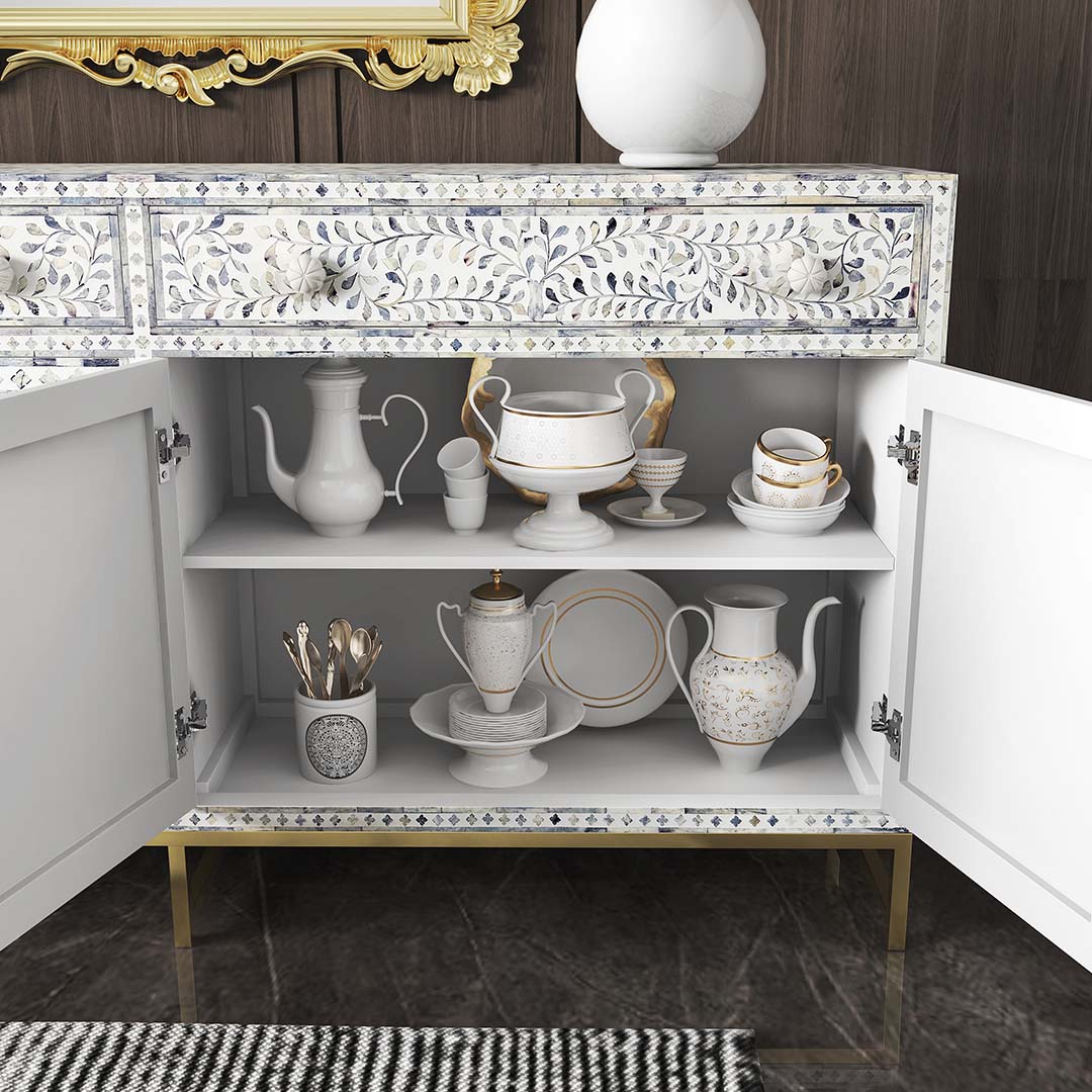 Aero sideboard buffet with blue bone inlay design, featuring intricate floral patterns and gold legs.