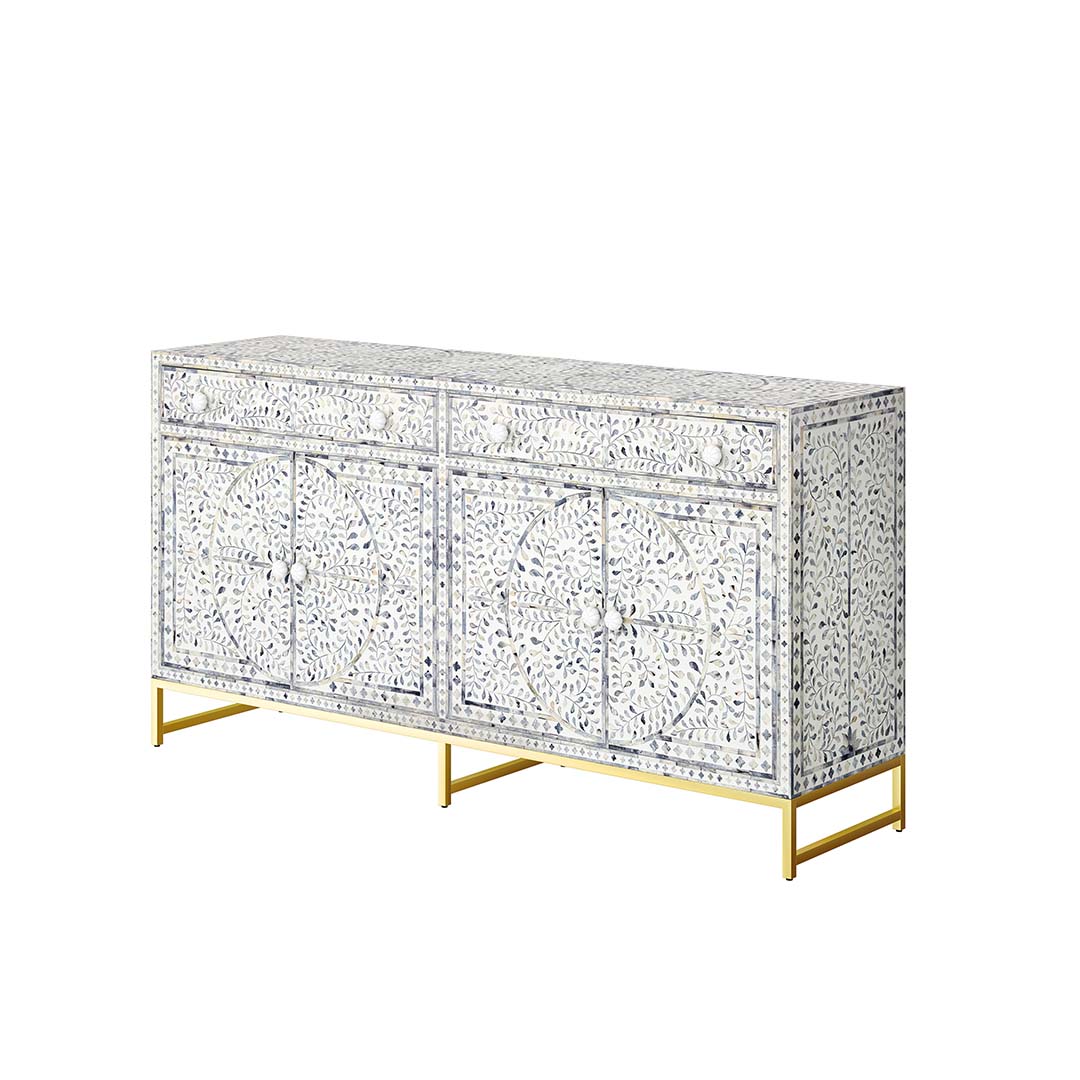 Aero sideboard buffet with blue bone inlay design, featuring intricate floral patterns and gold legs.