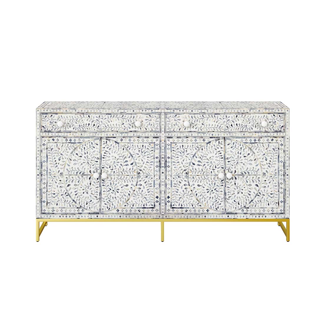 Aero sideboard buffet with blue bone inlay design, featuring intricate floral patterns and gold legs.