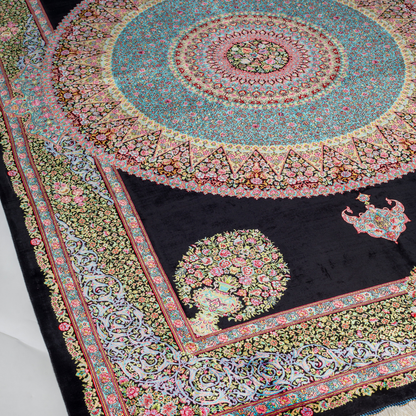 Elegant ivory silk rug featuring pastel floral medallion, delicate vines, and a golden glow. Handwoven to perfection with luxurious texture.

