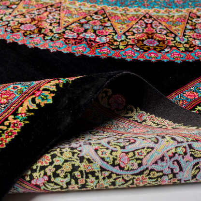 Elegant ivory silk rug featuring pastel floral medallion, delicate vines, and a golden glow. Handwoven to perfection with luxurious texture.

