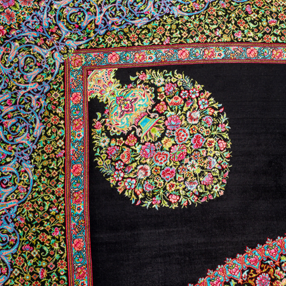 Elegant ivory silk rug featuring pastel floral medallion, delicate vines, and a golden glow. Handwoven to perfection with luxurious texture.

