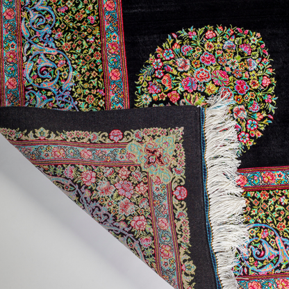 Elegant ivory silk rug featuring pastel floral medallion, delicate vines, and a golden glow. Handwoven to perfection with luxurious texture.

