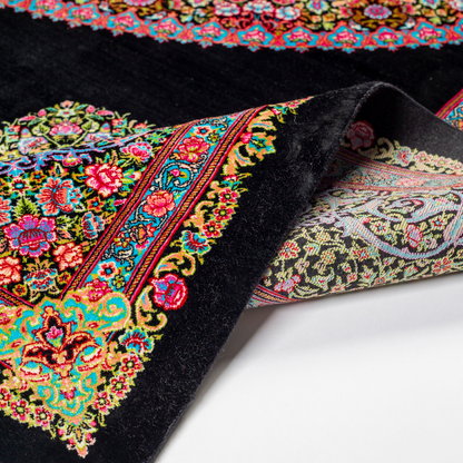 Elegant ivory silk rug featuring pastel floral medallion, delicate vines, and a golden glow. Handwoven to perfection with luxurious texture.

