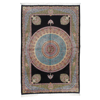 Elegant ivory silk rug featuring pastel floral medallion, delicate vines, and a golden glow. Handwoven to perfection with luxurious texture.

