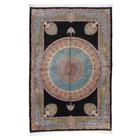 Elegant ivory silk rug featuring pastel floral medallion, delicate vines, and a golden glow. Handwoven to perfection with luxurious texture.

