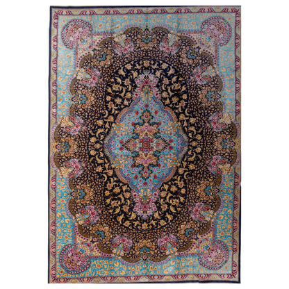 The Amore silk rug features an ornate floral medallion over a navy base, with vivid accents of turquoise, gold, and crimson in 350x250 cm.