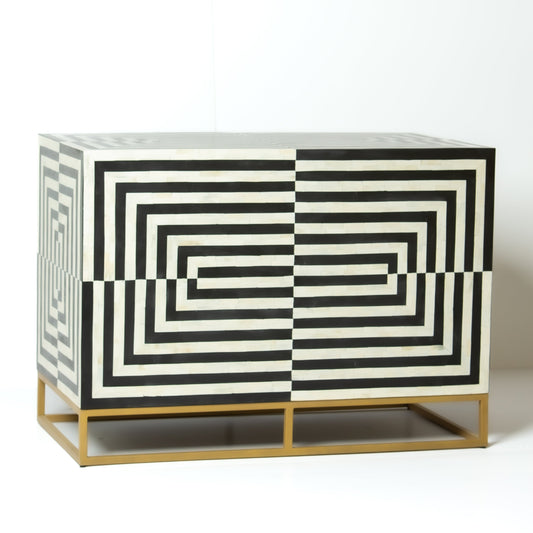 Black bone inlay bar cabinet with bold geometric front and open back storage, handmade with brass base and striking design.
