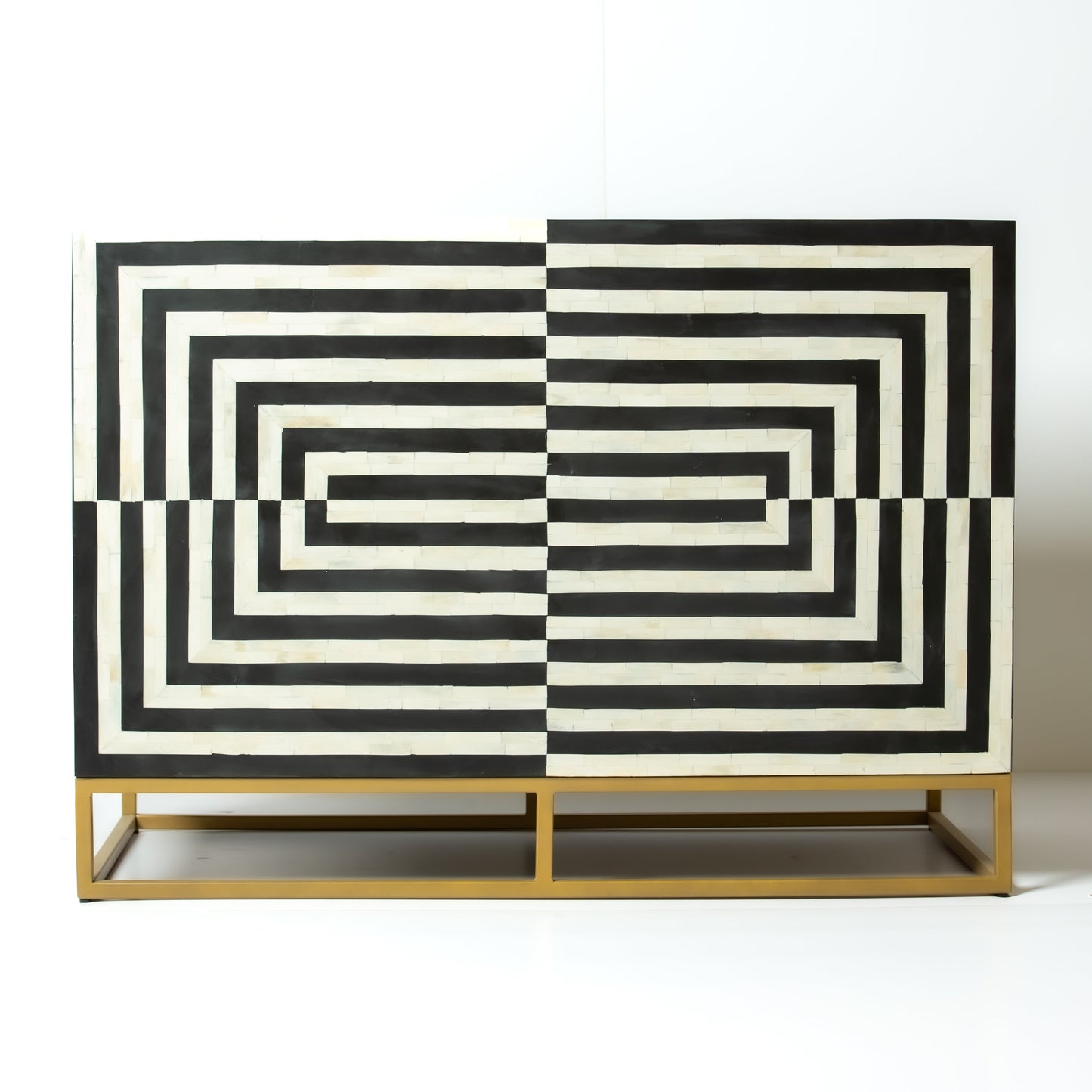Black bone inlay bar cabinet with bold geometric front and open back storage, handmade with brass base and striking design.
