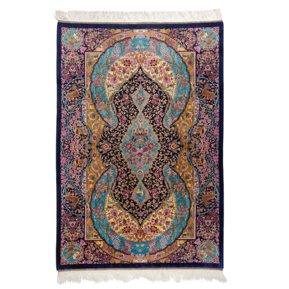 Belaw Silk Rug featuring navy base with gold vines, teal medallions, and pink floral detailing, 150x100 cm.