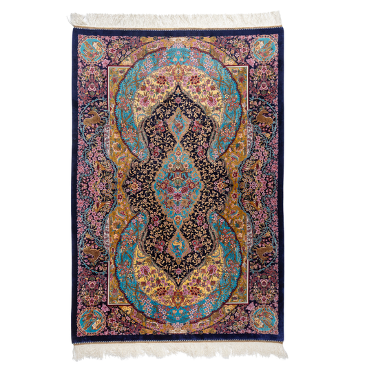 Belaw Silk Rug featuring navy base with gold vines, teal medallions, and pink floral detailing, 150x100 cm.