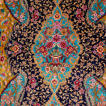 Belaw Silk Rug featuring navy base with gold vines, teal medallions, and pink floral detailing, 150x100 cm.