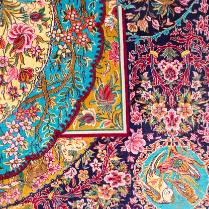 Belaw Silk Rug featuring navy base with gold vines, teal medallions, and pink floral detailing, 150x100 cm.