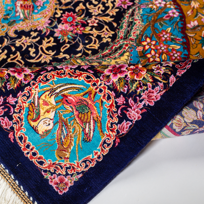 Belaw Silk Rug featuring navy base with gold vines, teal medallions, and pink floral detailing, 150x100 cm.