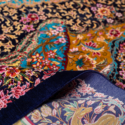 Belaw Silk Rug featuring navy base with gold vines, teal medallions, and pink floral detailing, 150x100 cm.