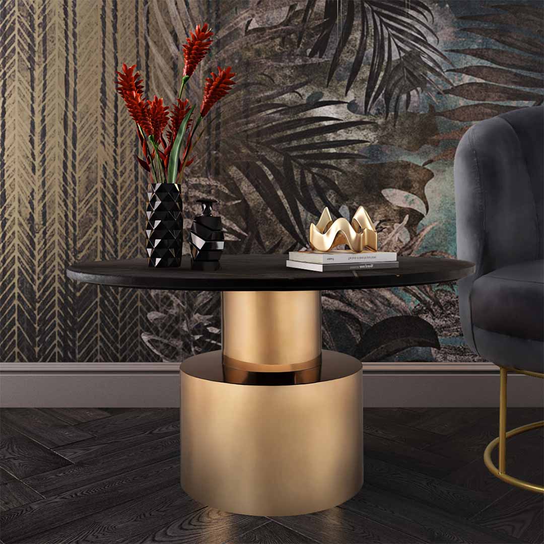 Round black marble coffee table with subtle gold inlay accents