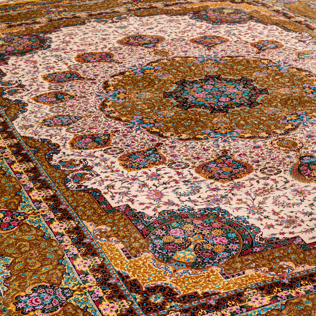 Blu silk rug in 400x300 cms featuring a golden base with multicolour floral medallion designs and modern abstract detailing.