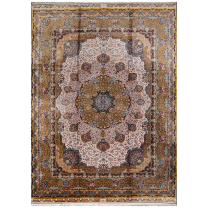 Blu silk rug in 400x300 cms featuring a golden base with multicolour floral medallion designs and modern abstract detailing.
