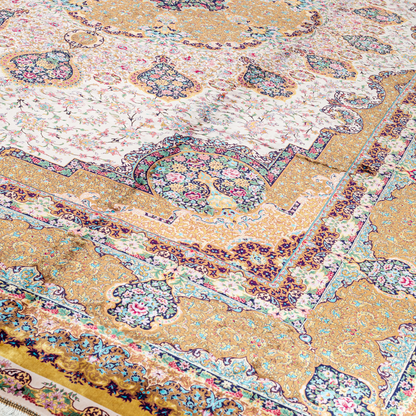 Blu silk rug in 400x300 cms featuring a golden base with multicolour floral medallion designs and modern abstract detailing.