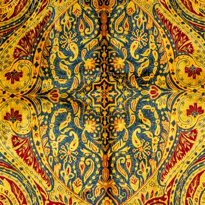 Golden silk rug with navy and red paisley floral detailing, handcrafted in a luxurious sheen finish with traditional Persian design elements.

