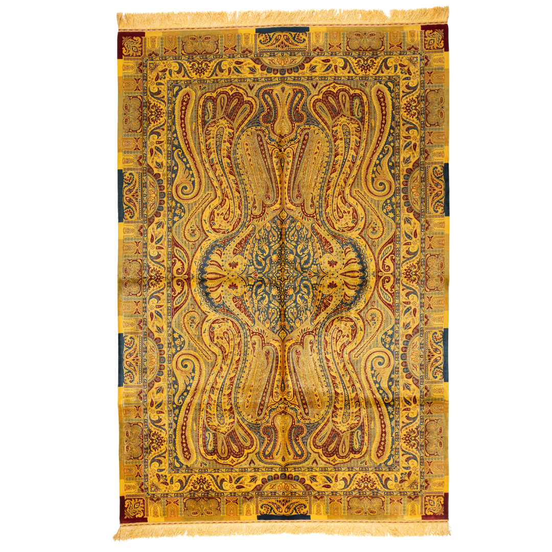 Golden silk rug with navy and red paisley floral detailing, handcrafted in a luxurious sheen finish with traditional Persian design elements.

