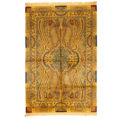 Golden silk rug with navy and red paisley floral detailing, handcrafted in a luxurious sheen finish with traditional Persian design elements.

