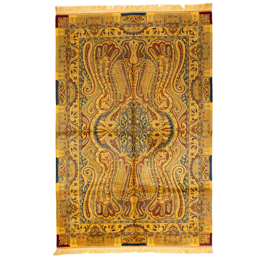 Golden silk rug with navy and red paisley floral detailing, handcrafted in a luxurious sheen finish with traditional Persian design elements.

